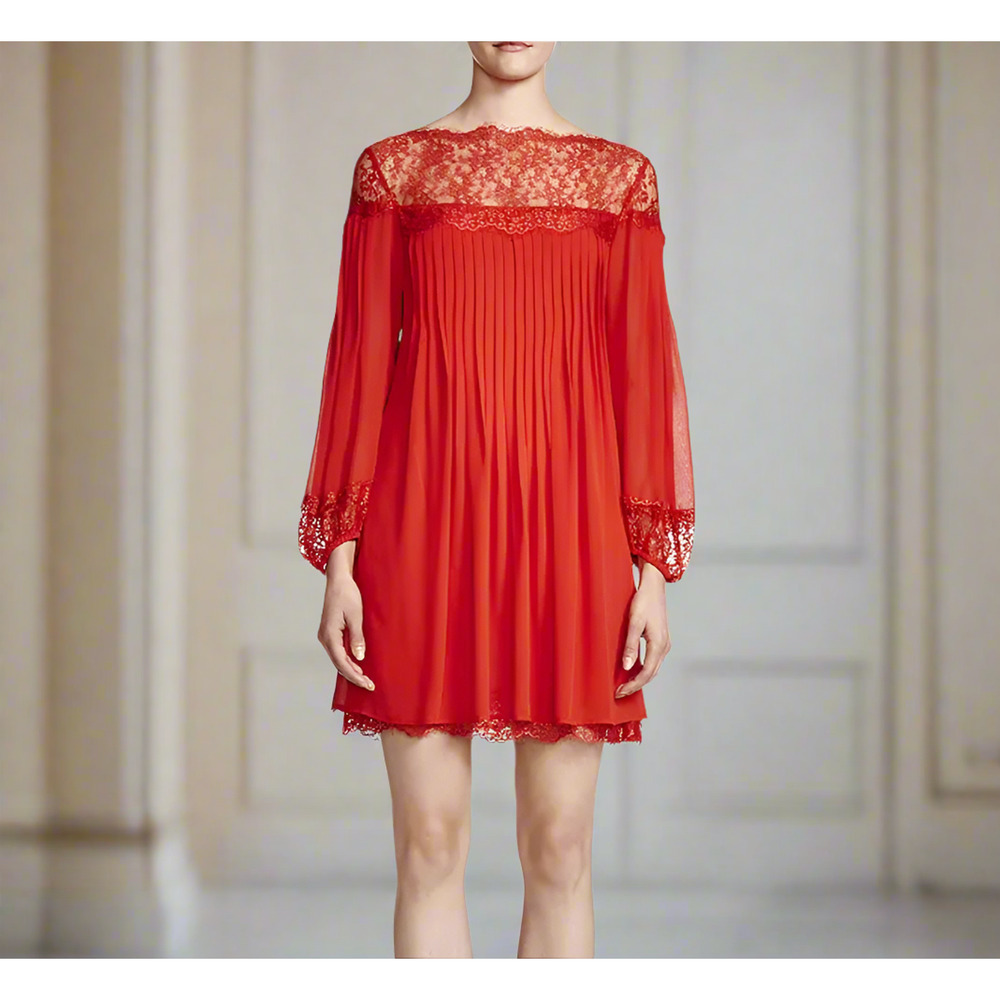 The Kooples Red Lace Chiffon Dress Pleated Long Sleeve Mini Womens M